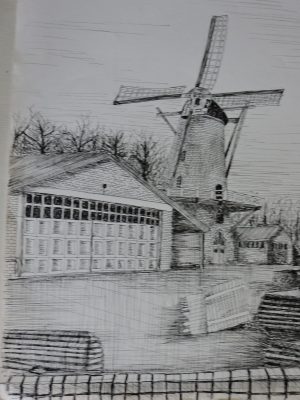 Stone windmill - pen drawing  30-40 cm