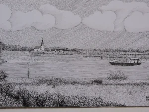 River With Boat Pen Drawing 20-30 CM